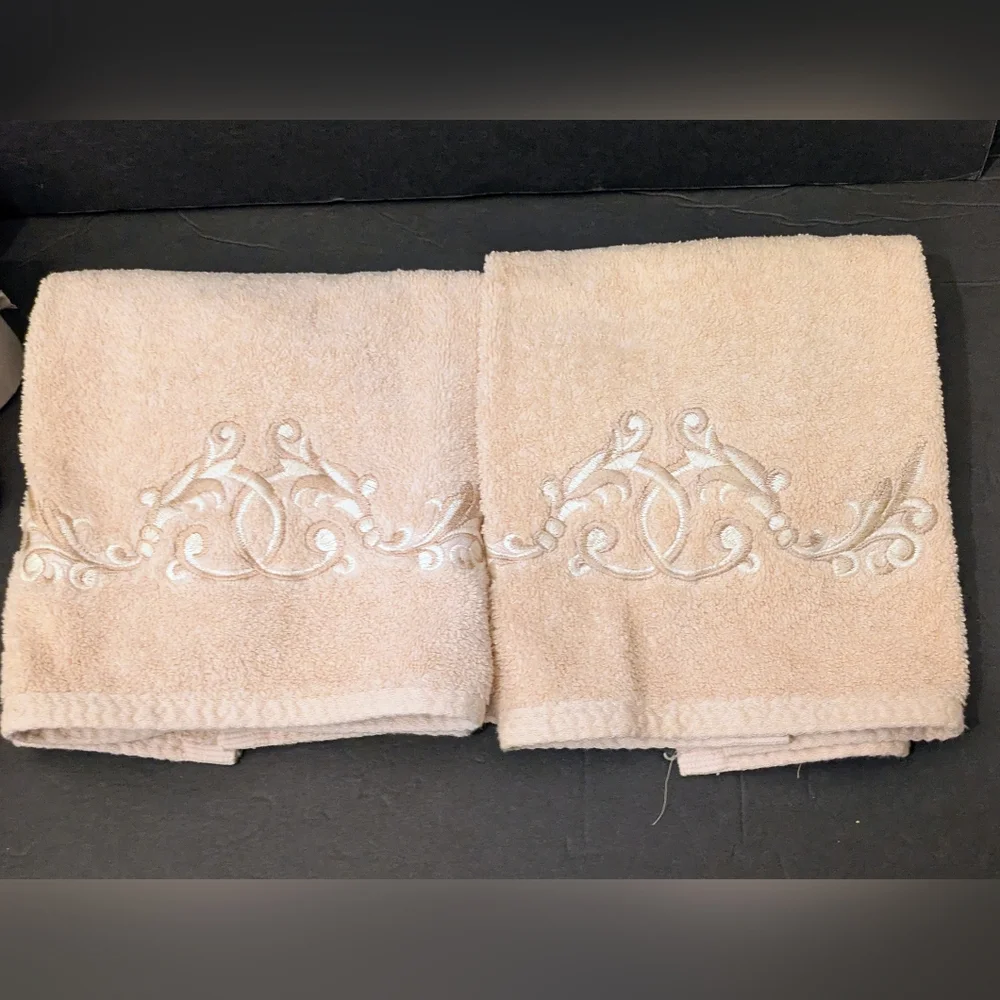 Towels Beige Embroidered Hand  Towels Set 2 Made America 100% Cotton 16 W 28 L